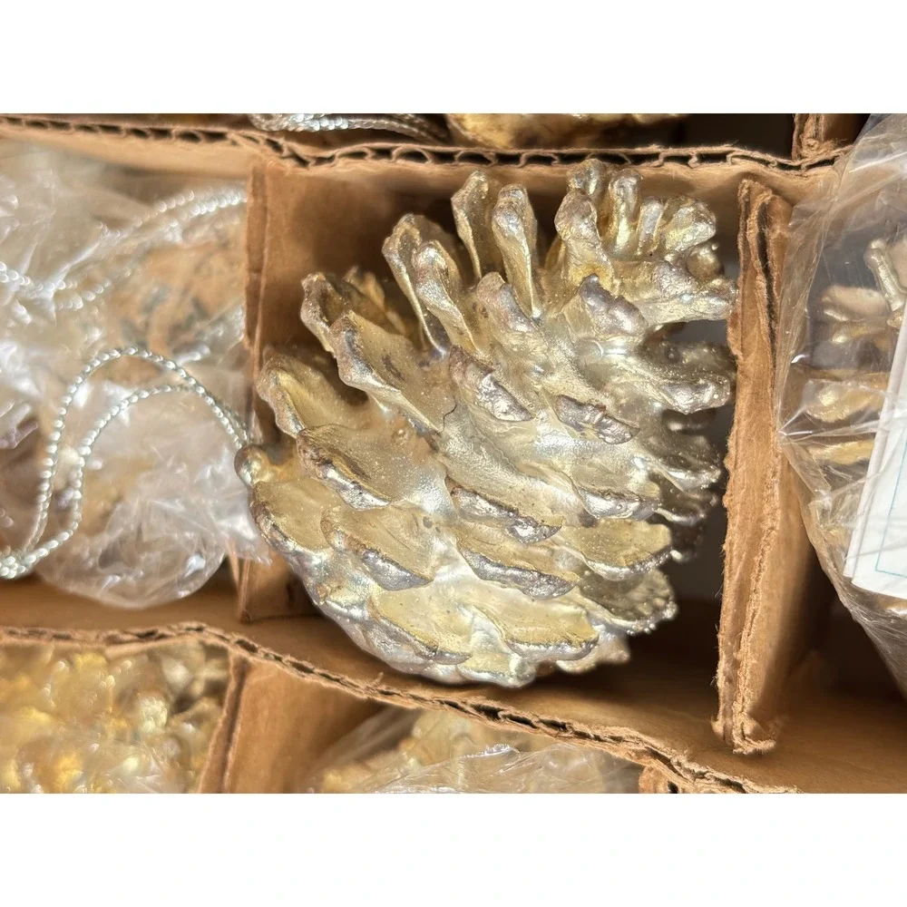 12 Pc Prosperity Tree Farms‎ Silver Pine Pinecone Christmas Ornaments Dipped